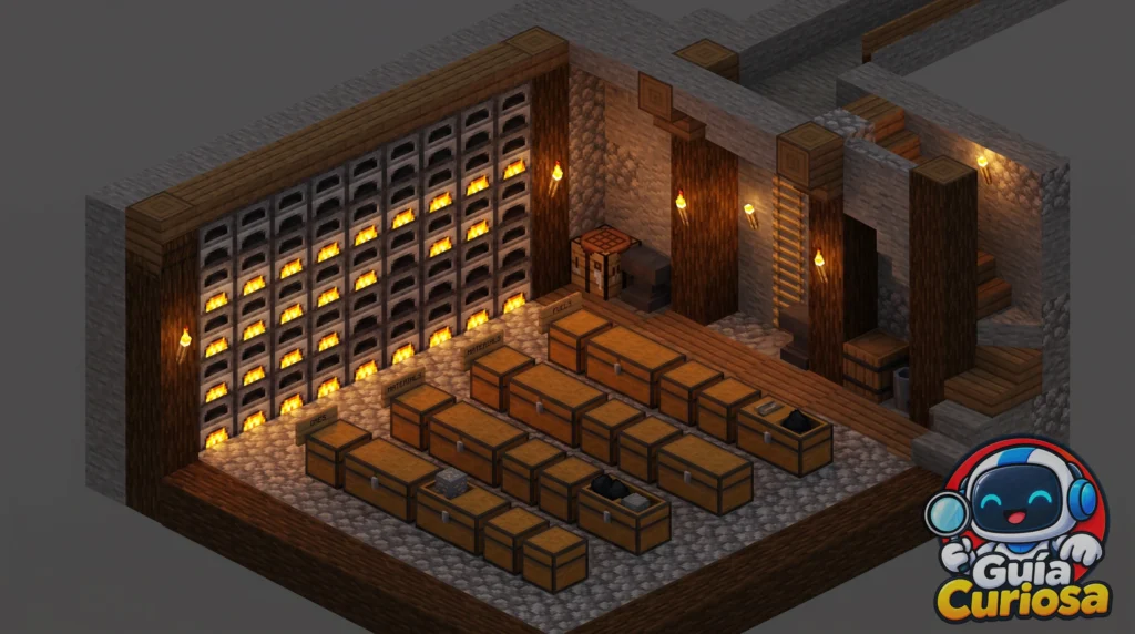 Habitación subterránea de Minecraft con hornos encendidos y múltiples cofres de almacenamiento.