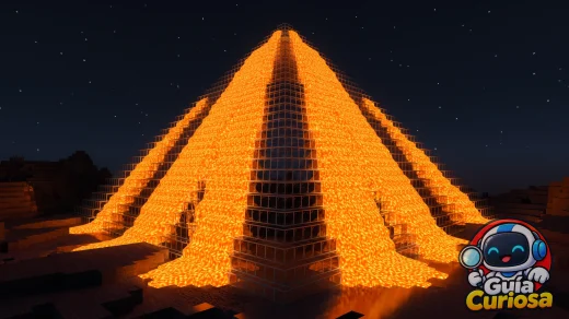 Pirámide gigante de lava brillante iluminando la noche en un mundo de Minecraft.