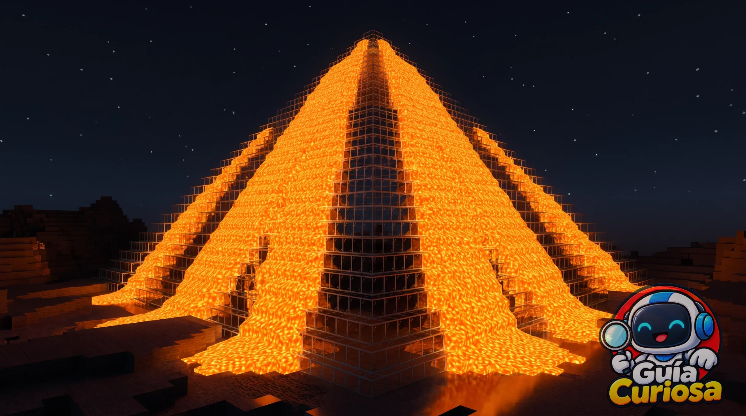 Pirámide gigante de lava brillante iluminando la noche en un mundo de Minecraft.
