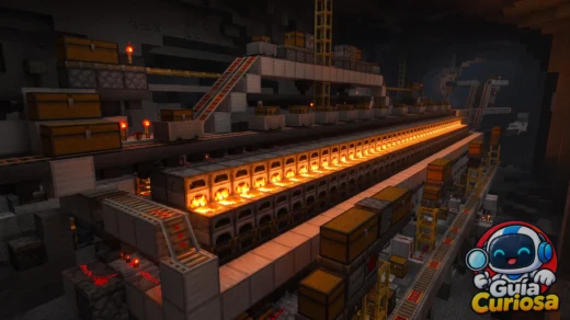 Gran fila de hornos encendidos y raíles formando un súper horno industrial en Minecraft.