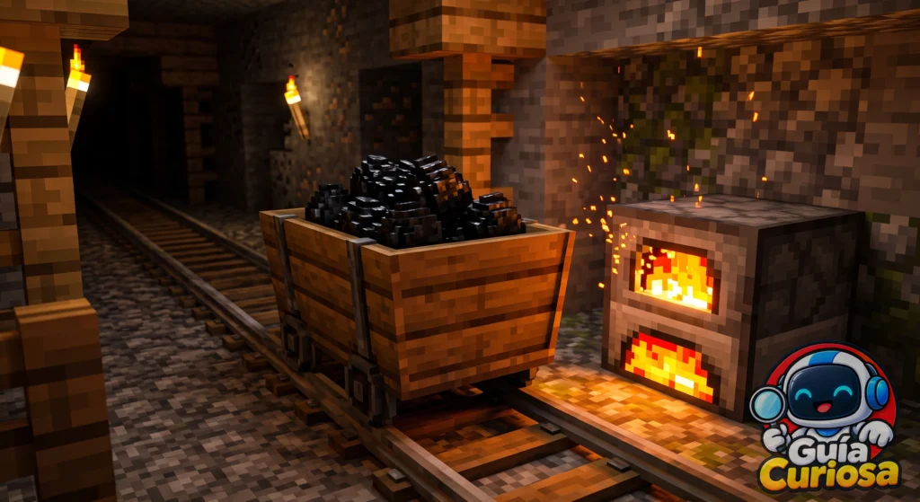 Vagoneta de Minecraft llena de carbón sobre unos raíles junto a un horno encendido.